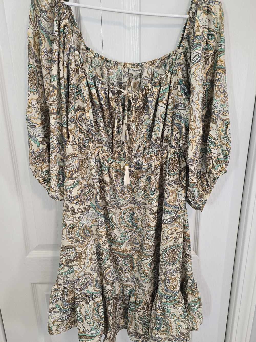 EARTHBOUND Paisley Off-Shoulder Midi Dress in Cream, Teal & Tan